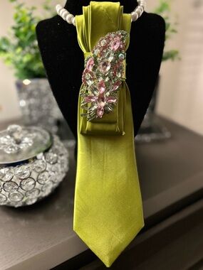 Green Satin tie with Pink & Green Crystal Brooch - Women Accessories